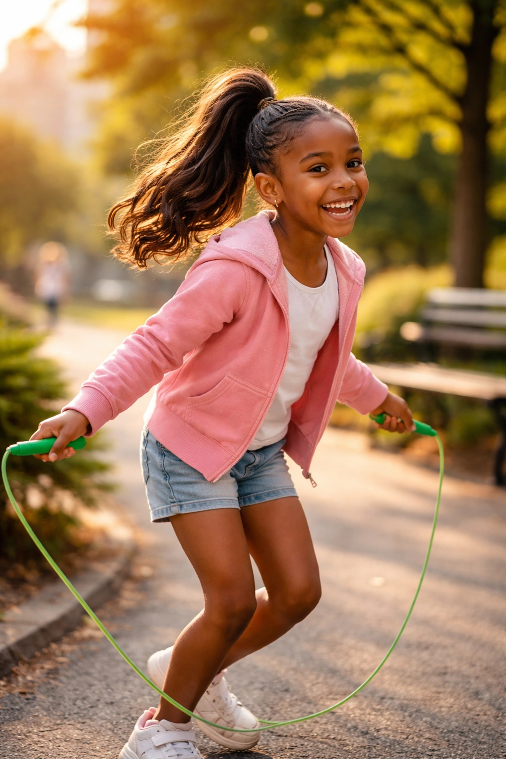 Hero shot of braided-base high ponytail in a park