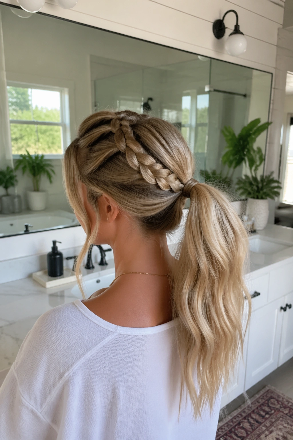 Wide shot of braided-base ponytail in bright room