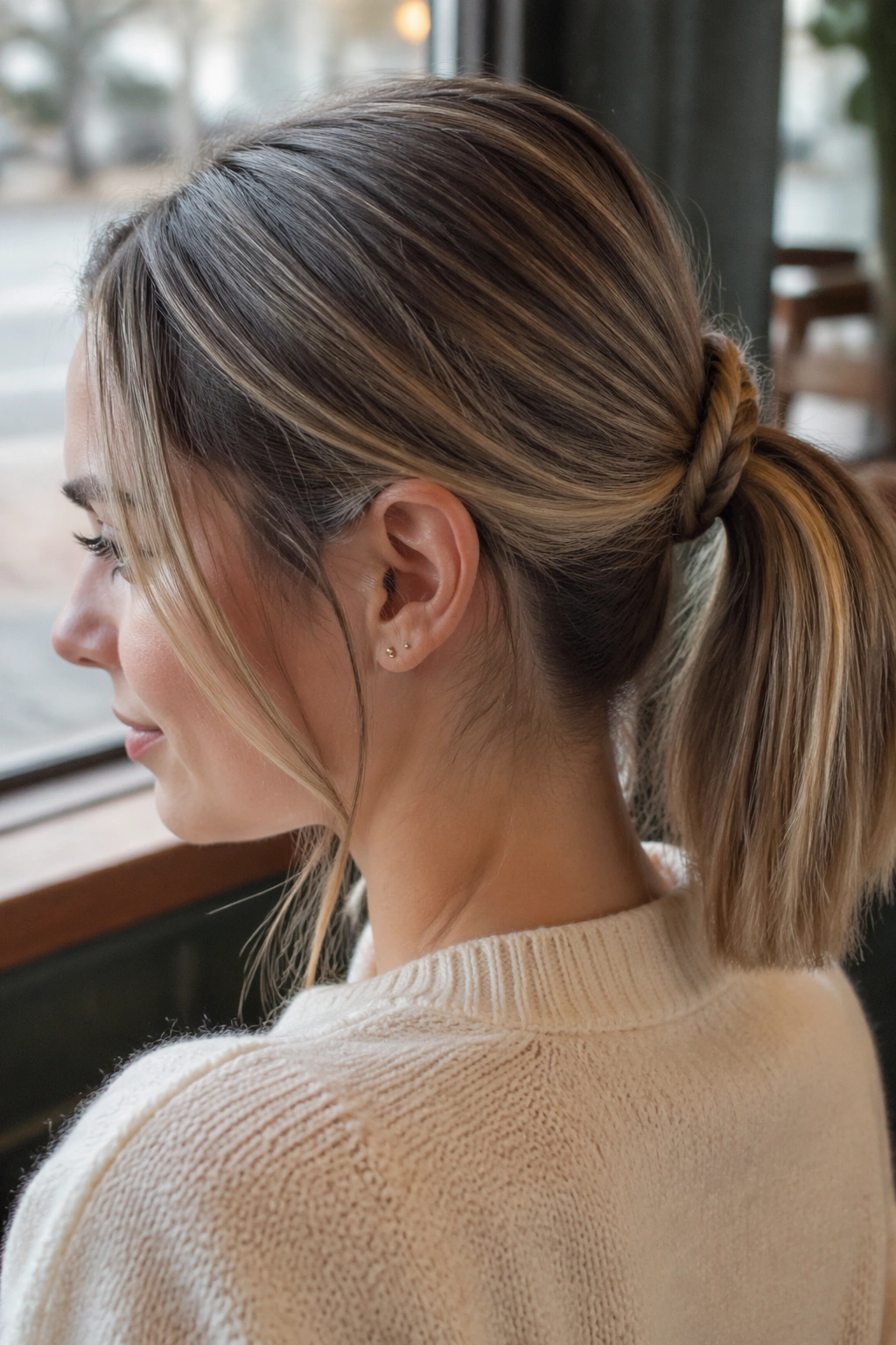 Real woman with narrow crown braid anchoring ponytail