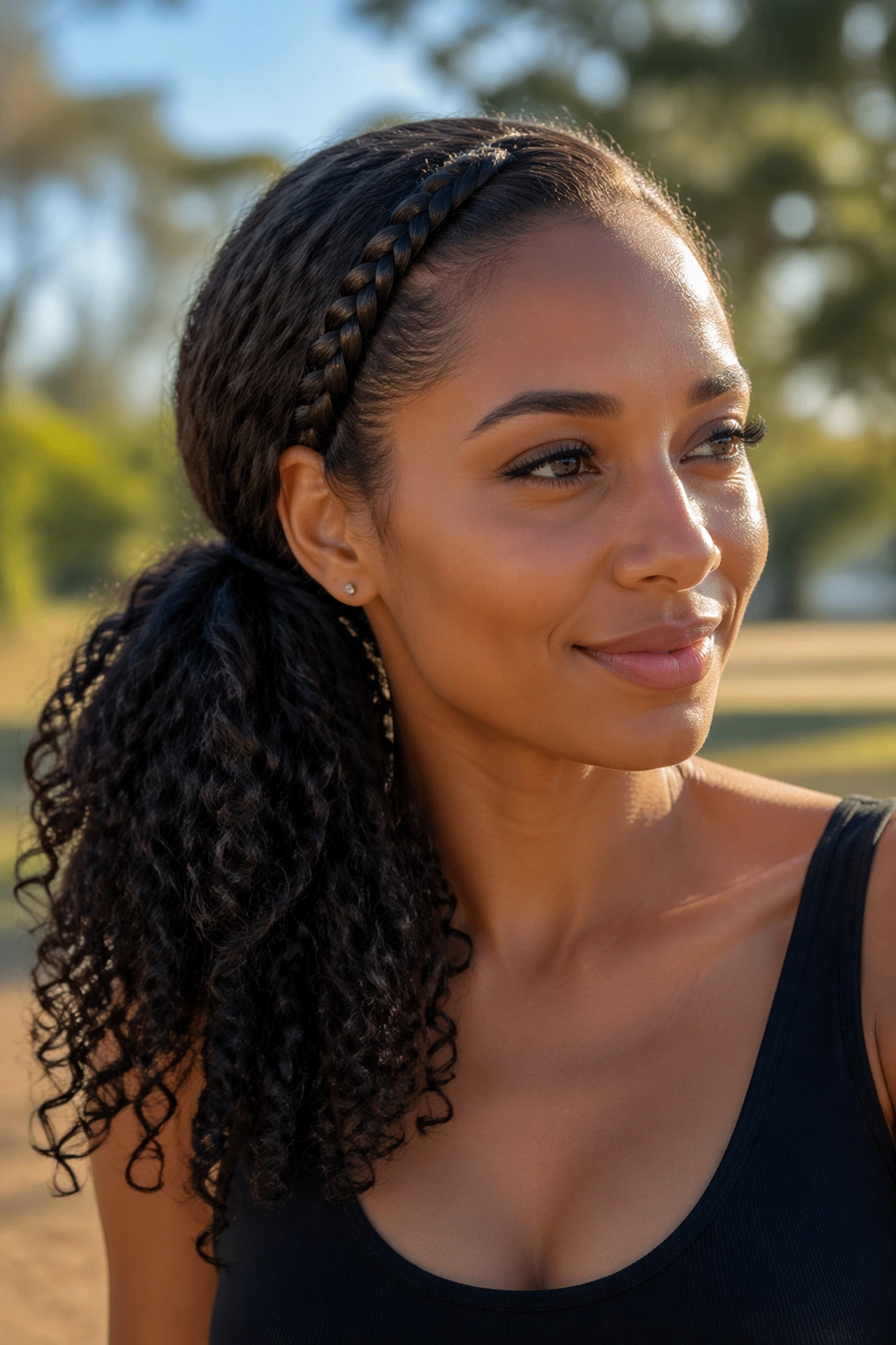 Close-up of a real person with a braided base side ponytail behind the ear