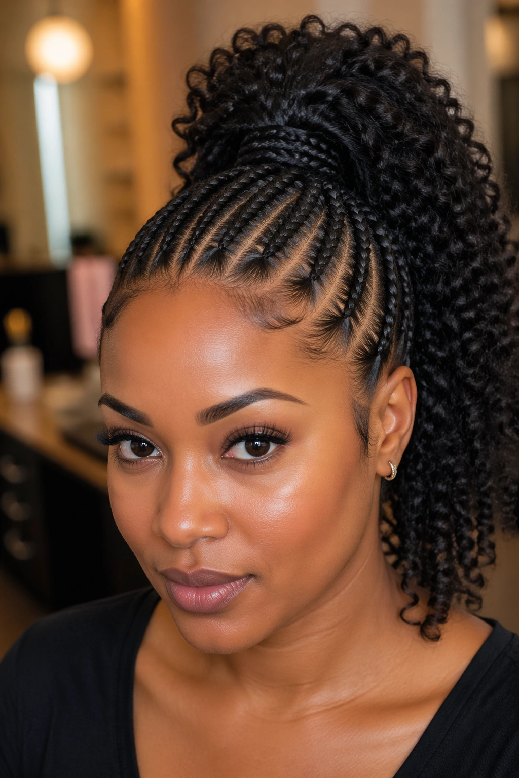 Portrait of a real Black woman with a braided-base high ponytail.