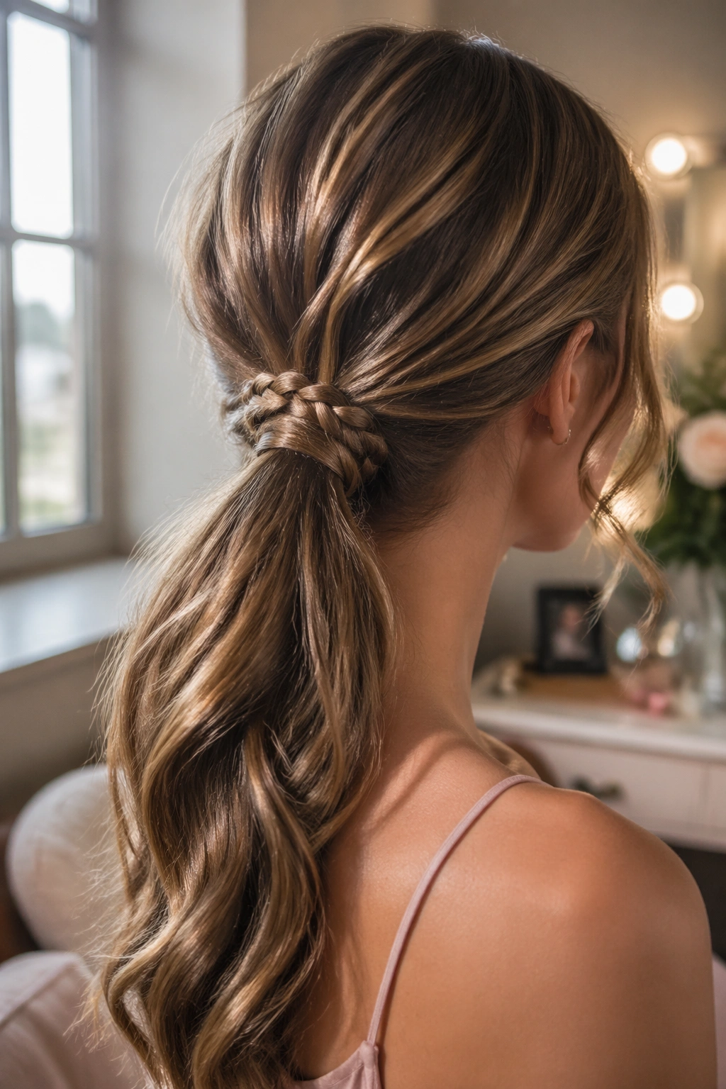 Back of head view of a real woman wearing a wrapped low ponytail with braided base.