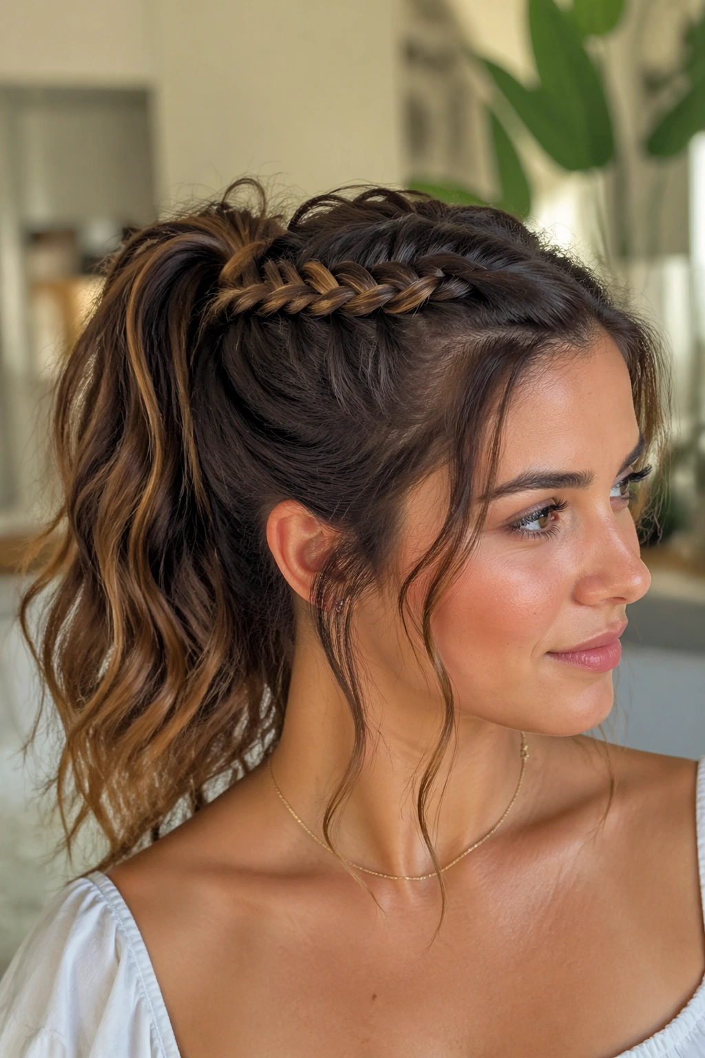 Real woman with braided-base ponytail in sunlit setting.