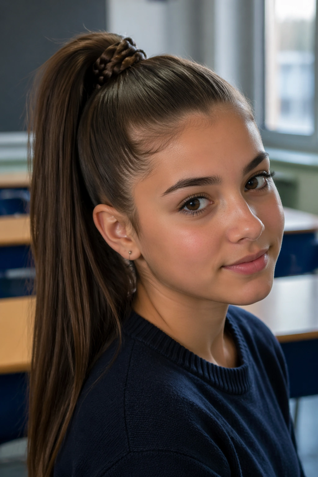 Close-up of Braided-Base High Ponytail on a real student in a classroom