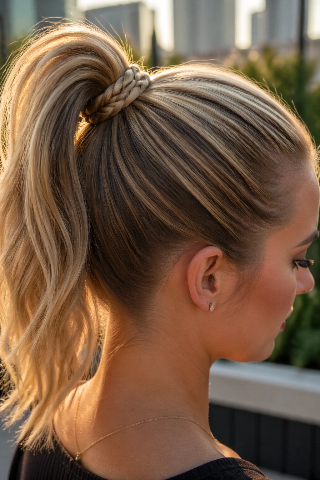 Close-up of a braided base high ponytail on a real person