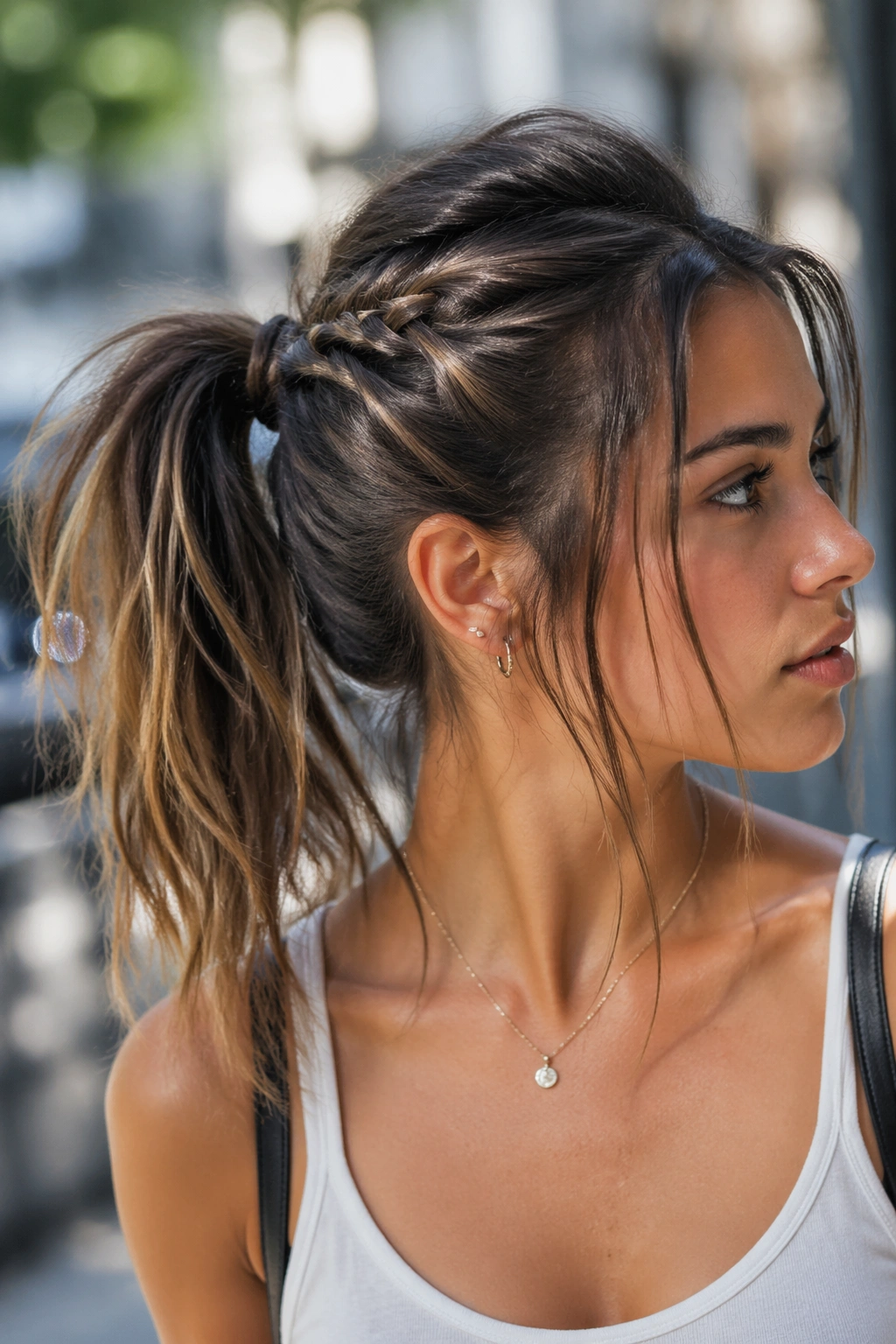 Close-up of a real woman with braided-base ponytail