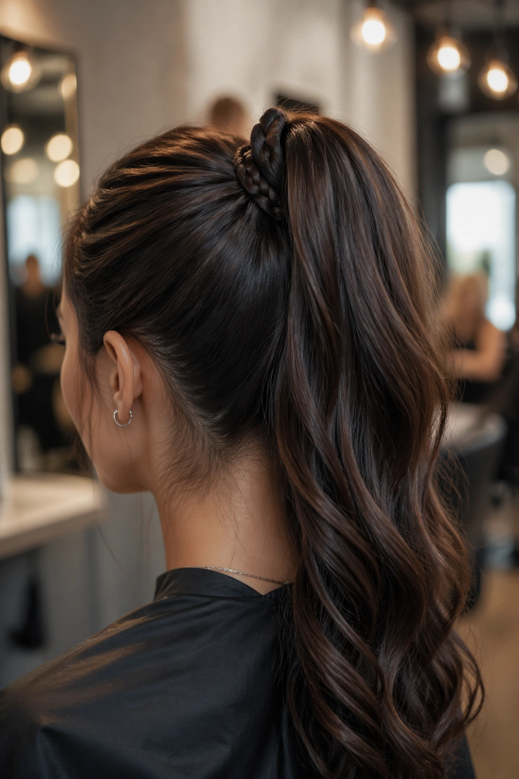 Back-of-head view of braided base high ponytail on real person