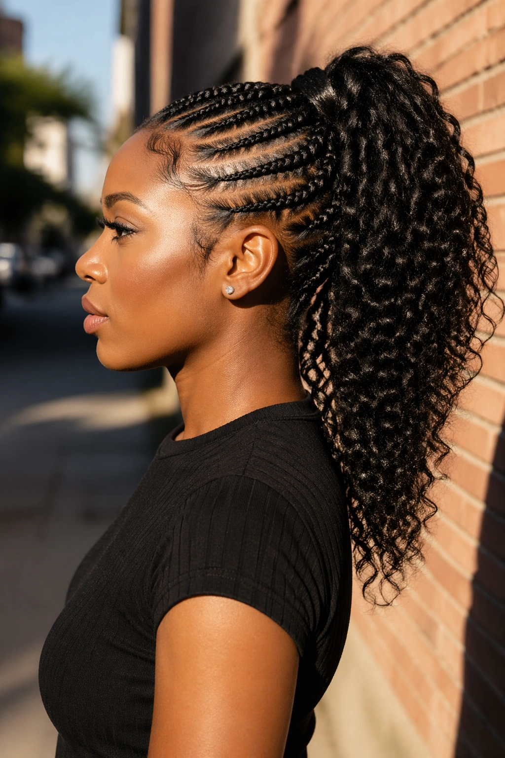 Side profile of a real woman with a braided base ponytail