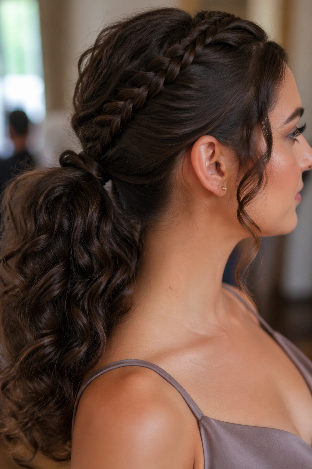 Close-up of a real woman with a braided base ponytail