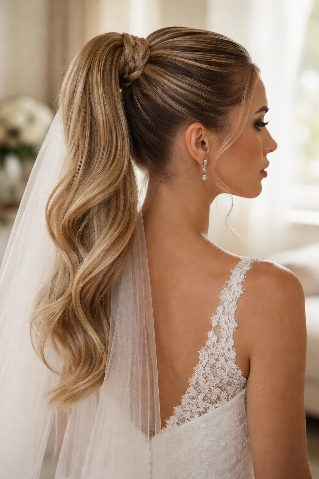 Bride with braided base high ponytail