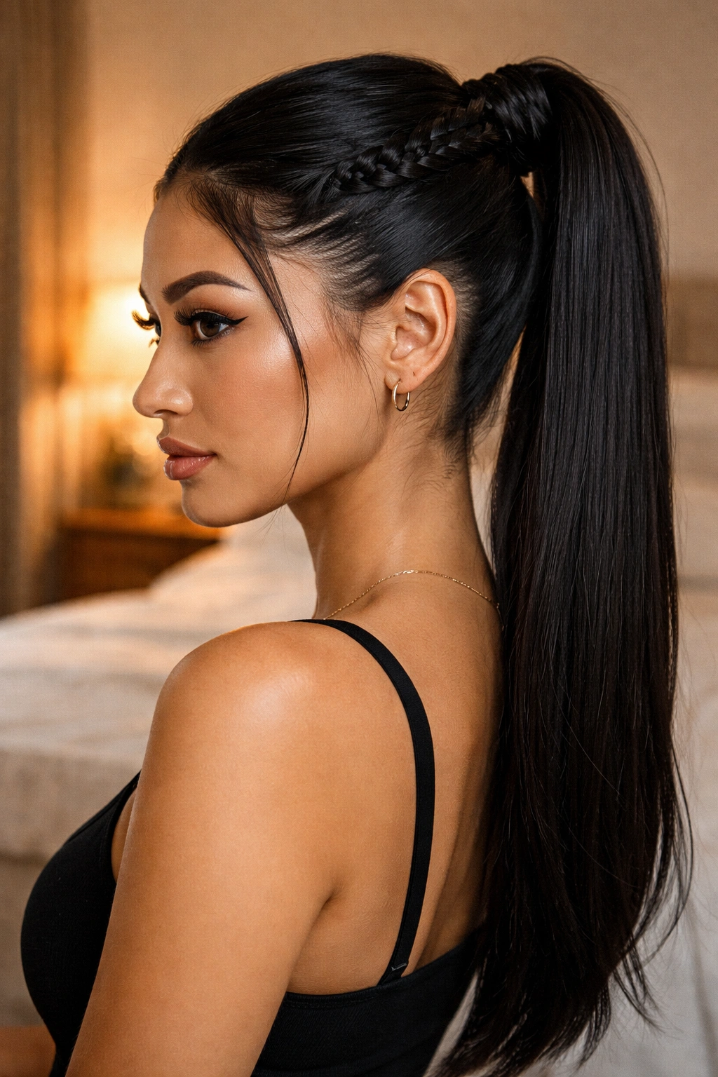 Real woman with braided base ponytail showing a thin temple-to-back braid