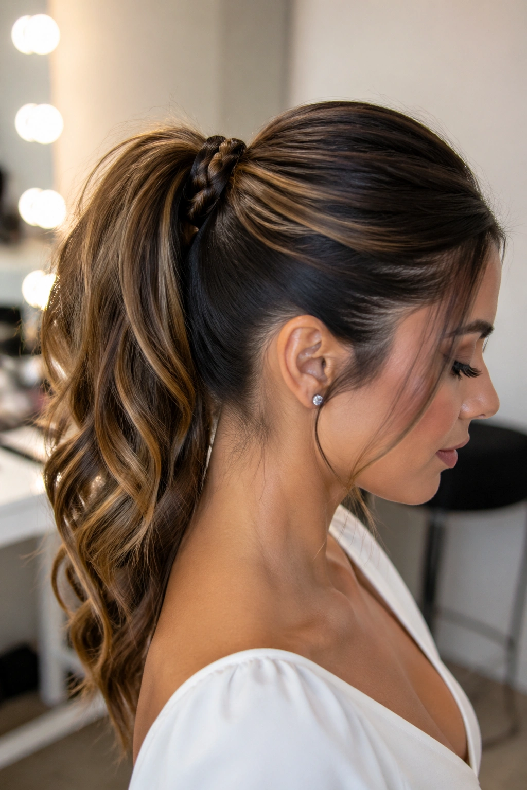 Close-up of real woman with braided-base ponytail