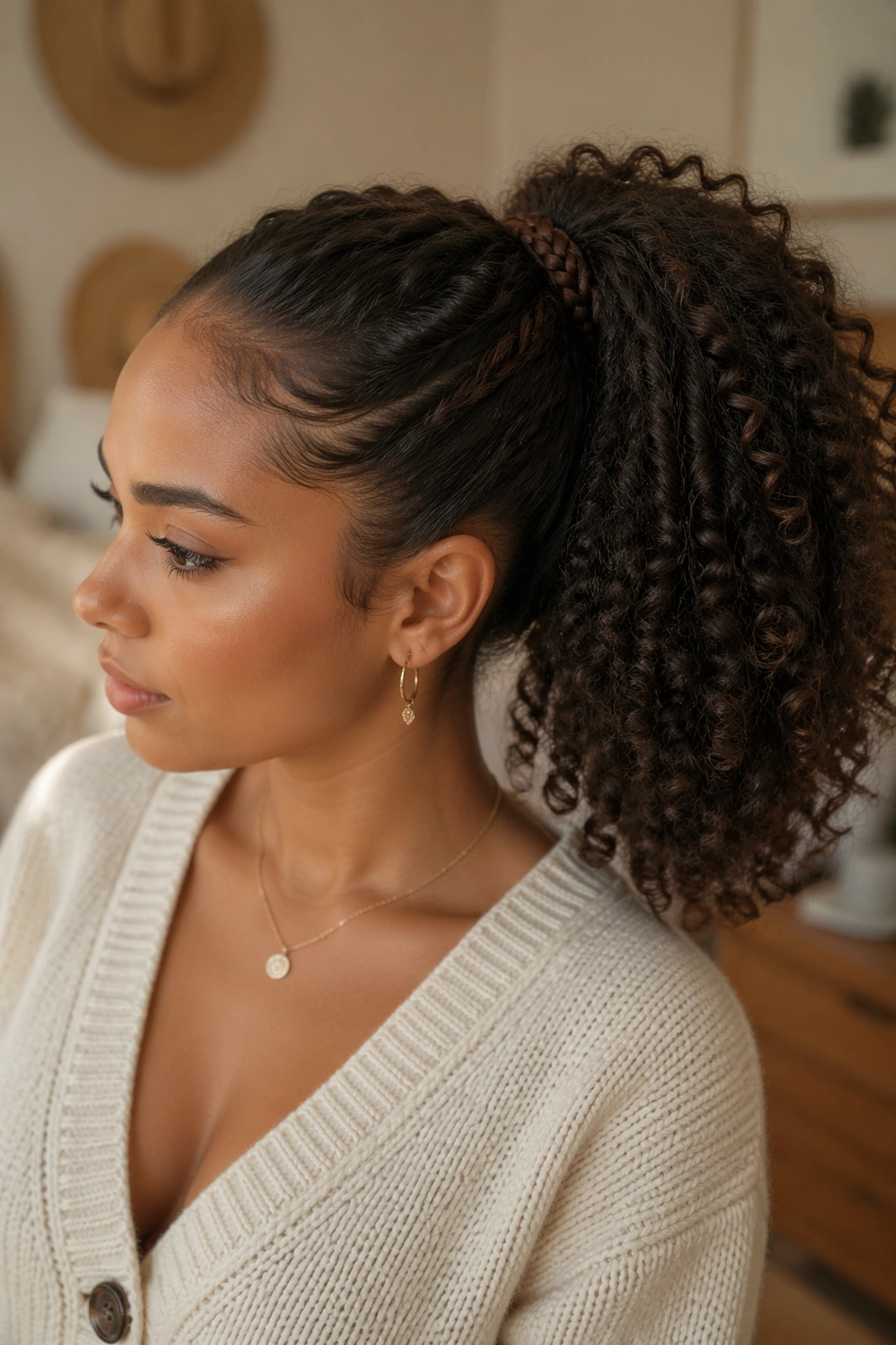 Close-up of a real woman with braided-base ponytail on thick curly hair