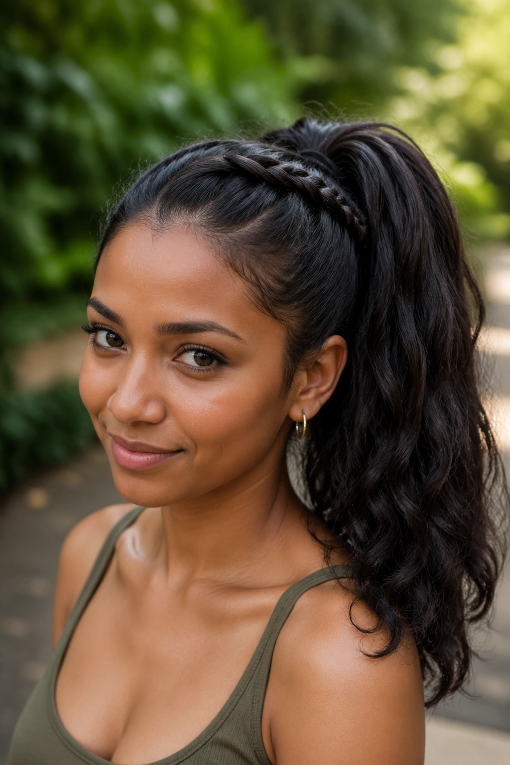 Close-up of a person with a braided base ponytail.