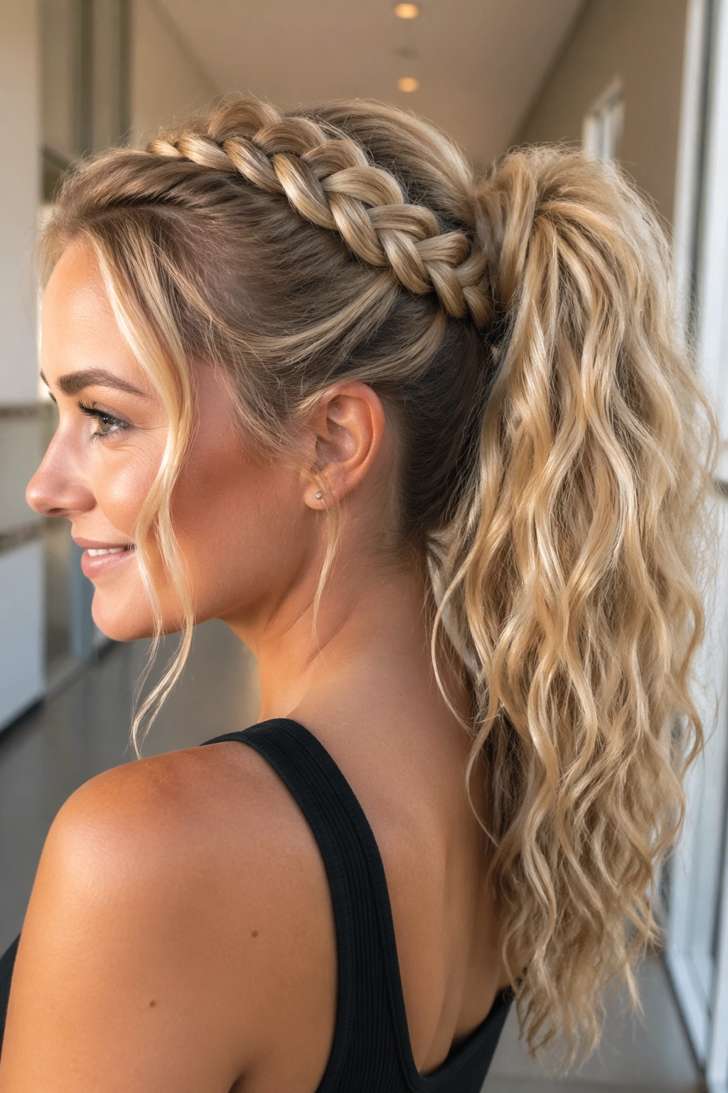 Close-up of a real woman with a braided-base blonde ponytail