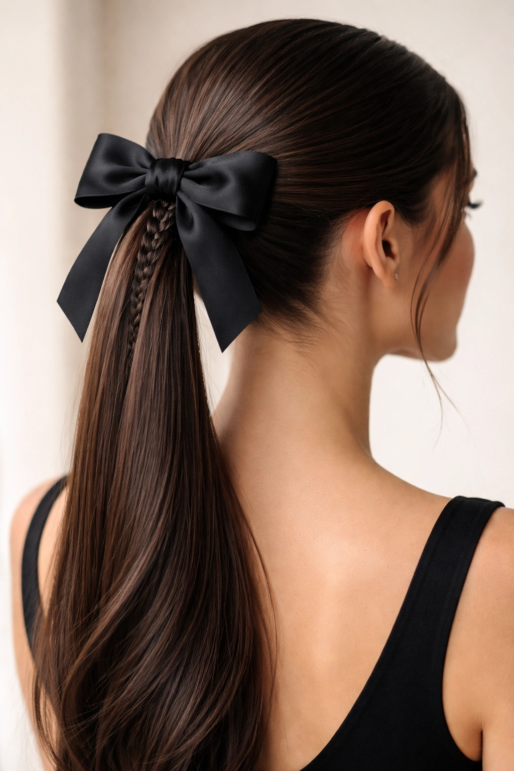 Sleek ponytail with braided base and matching bow at the end