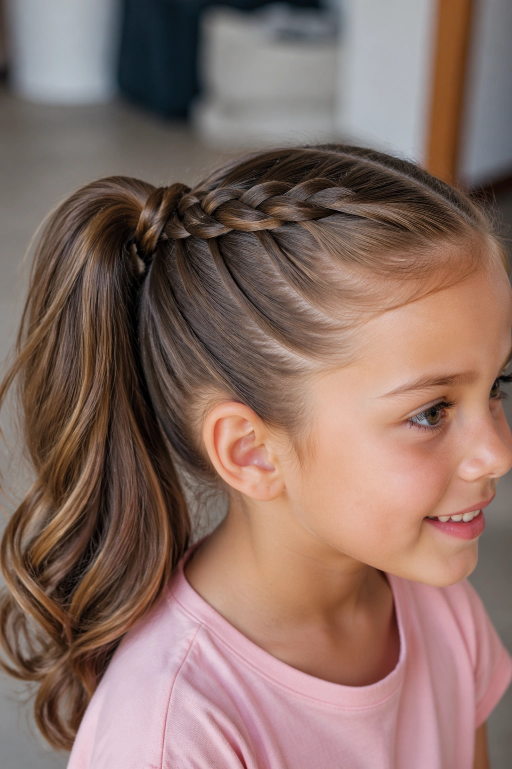 Front-close view of a child with a braided base ponytail