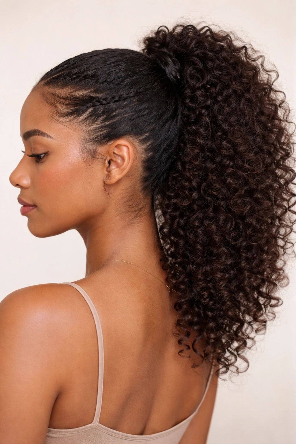 Curly ponytail with a braided base at the hairline feeding into the ponytail