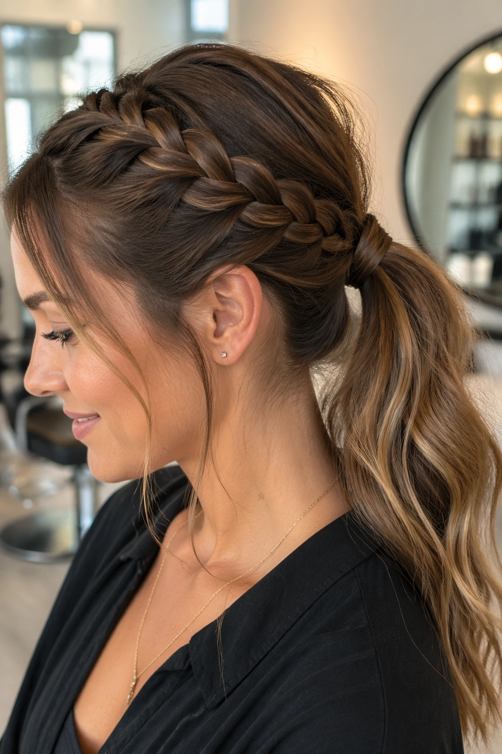 Close-up portrait of a real woman with a braided-base mid ponytail lifting the crown