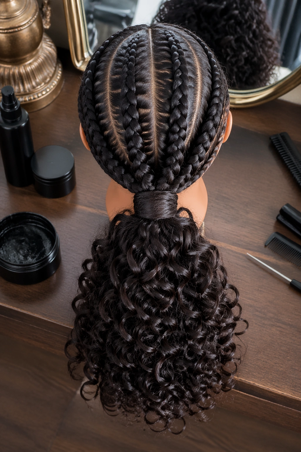 Braided base mid ponytail with loose curls flat-lay