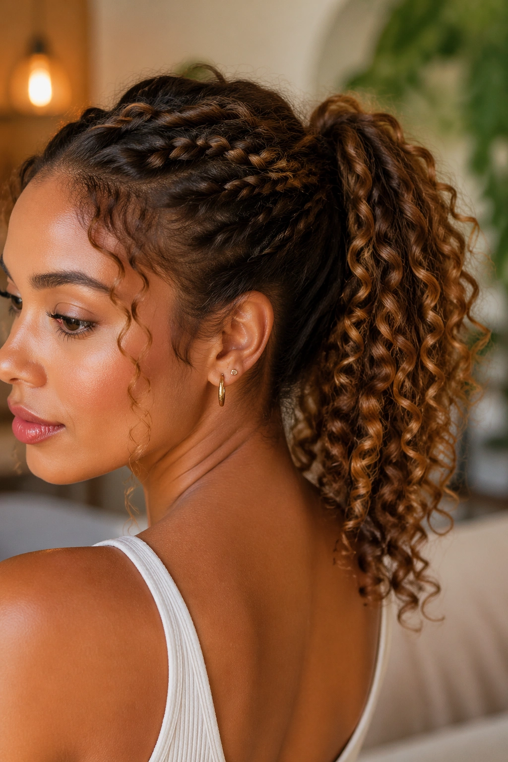 Close-up of a real woman with a braided base leading into a curly ponytail