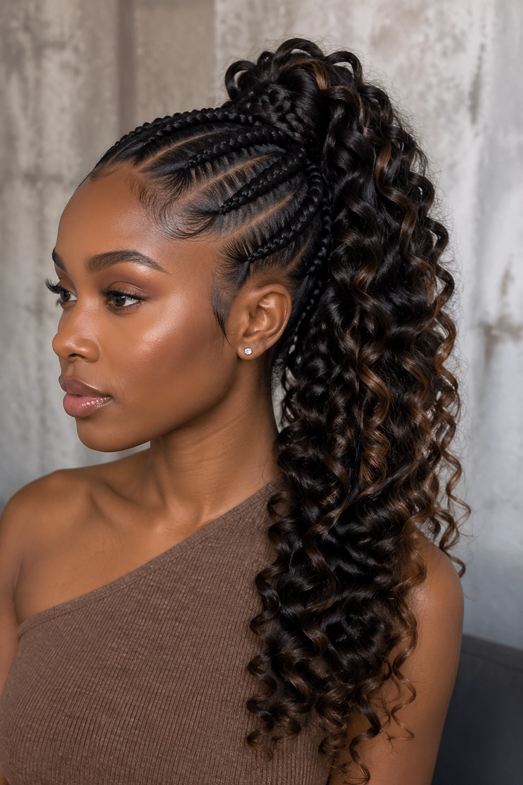 Real woman with braided base ponytail and cascading curls.