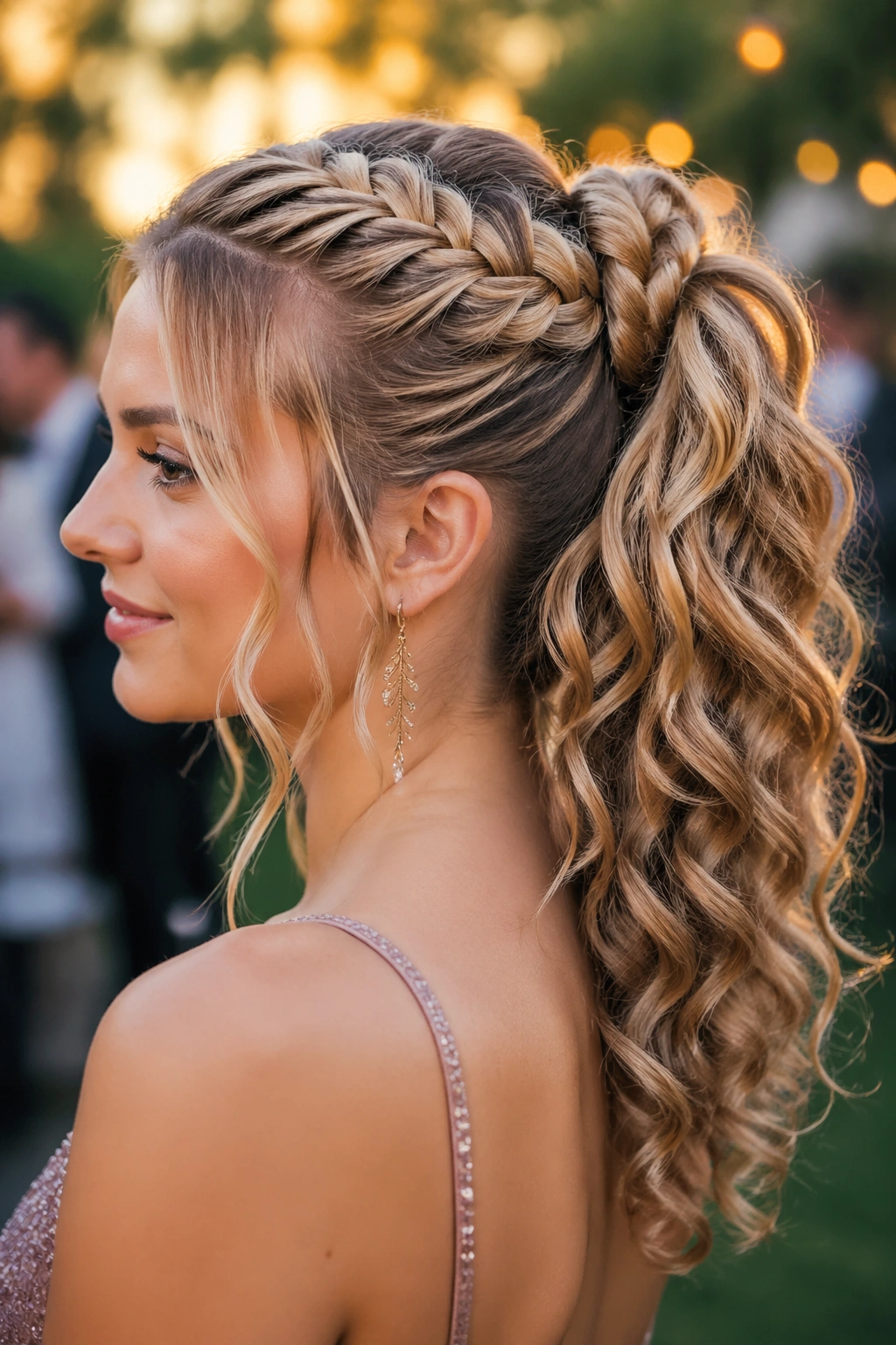 Real woman with braided base ponytail and curled tail outdoors