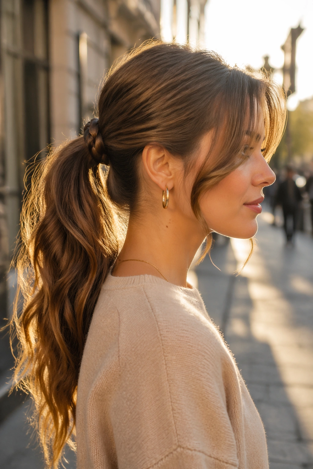 Braided-base ponytail with curtain bangs in street light.