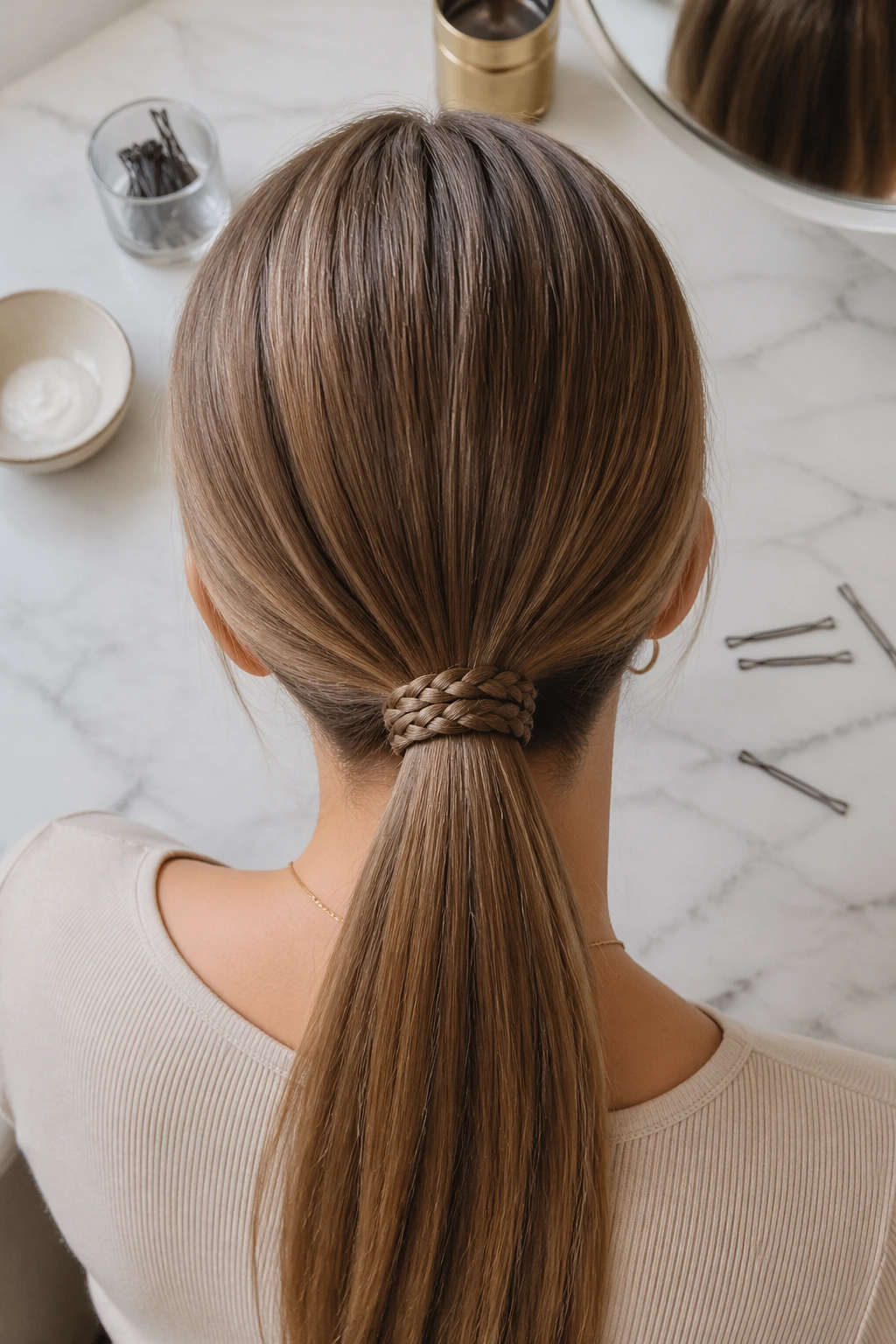 Overhead flat-lay of braided base mid ponytail