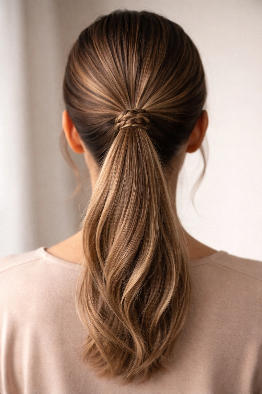 Back view of mid ponytail with braided base