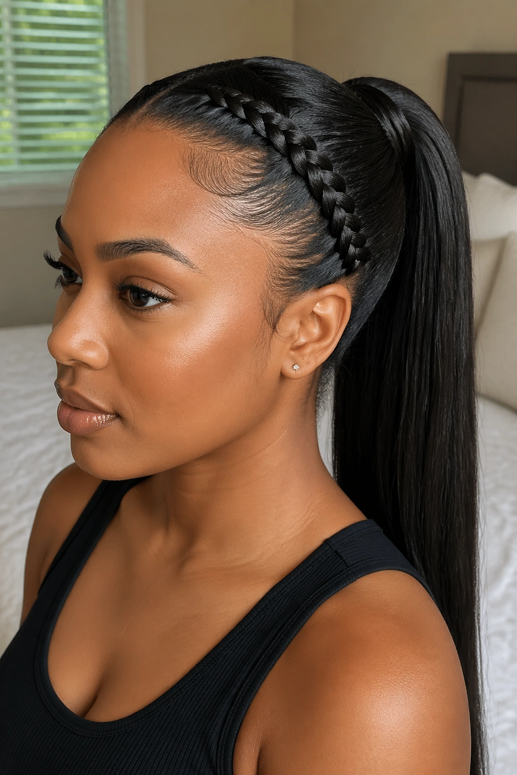 Close-up of a real woman with a braided base ponytail, showing a scalp braid feeding into a sleek ponytail in warm natural light