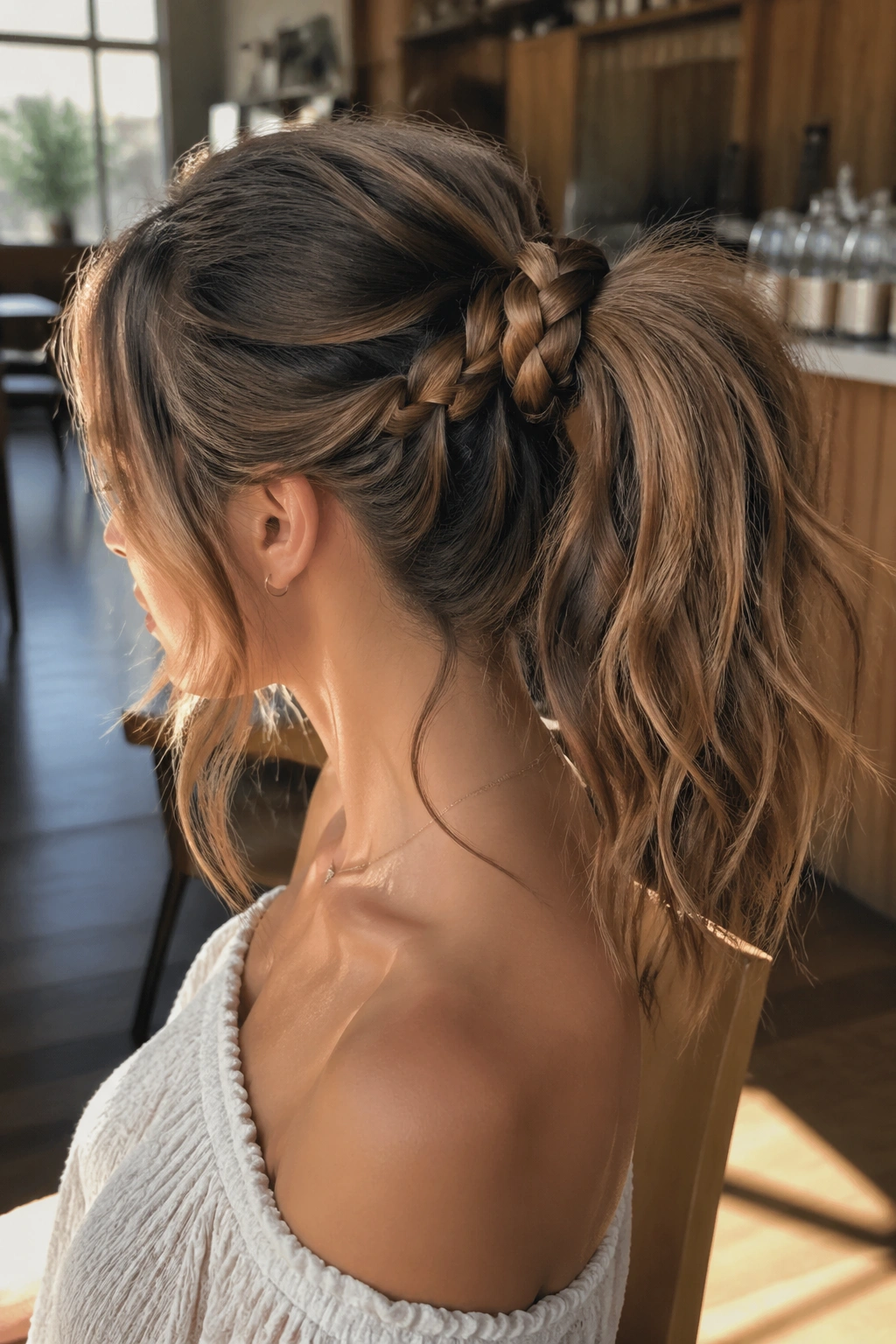 Close-up of real person showing braided base leading into ponytail