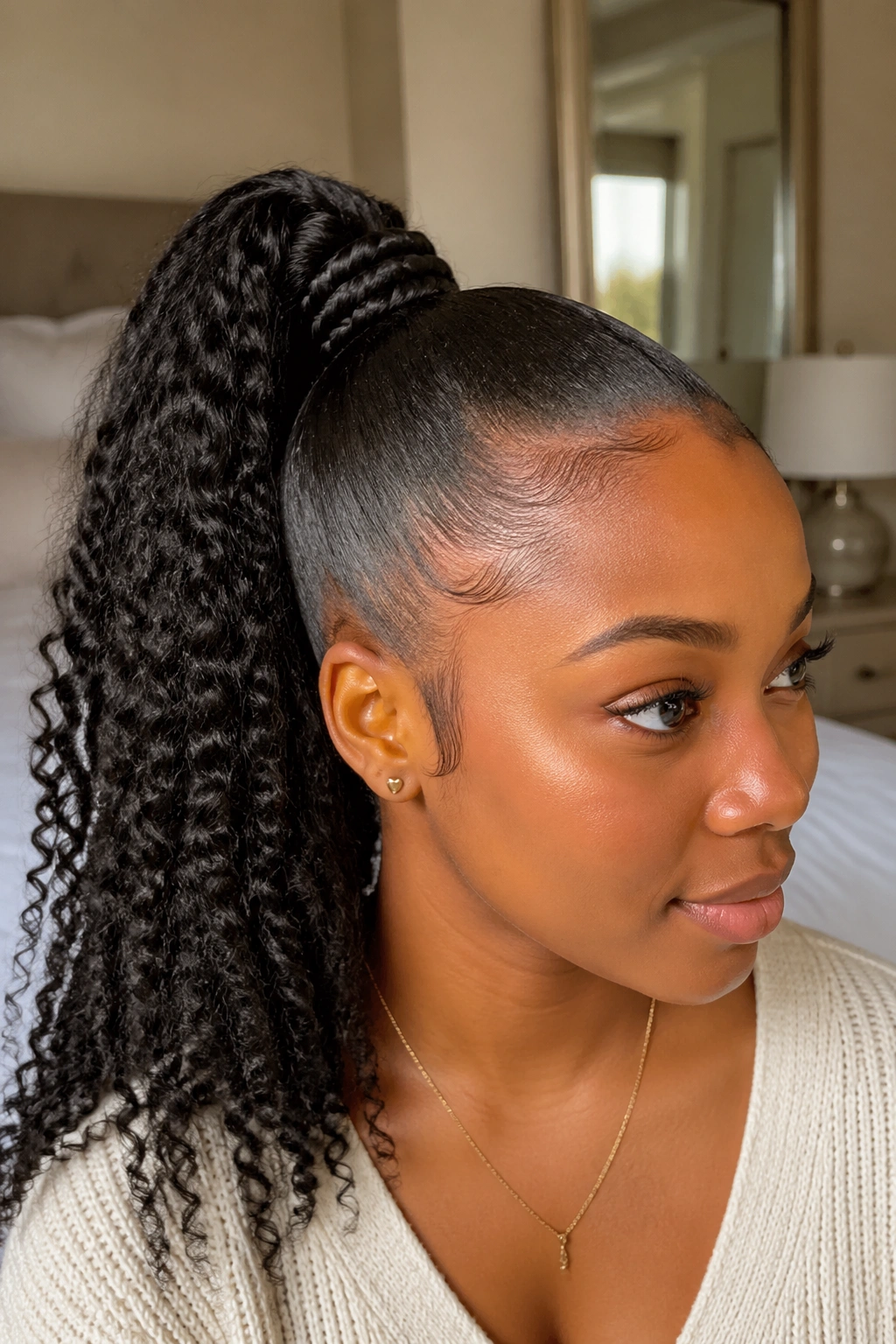 Close-up of a real woman with braided-base high ponytail in soft bedroom light.