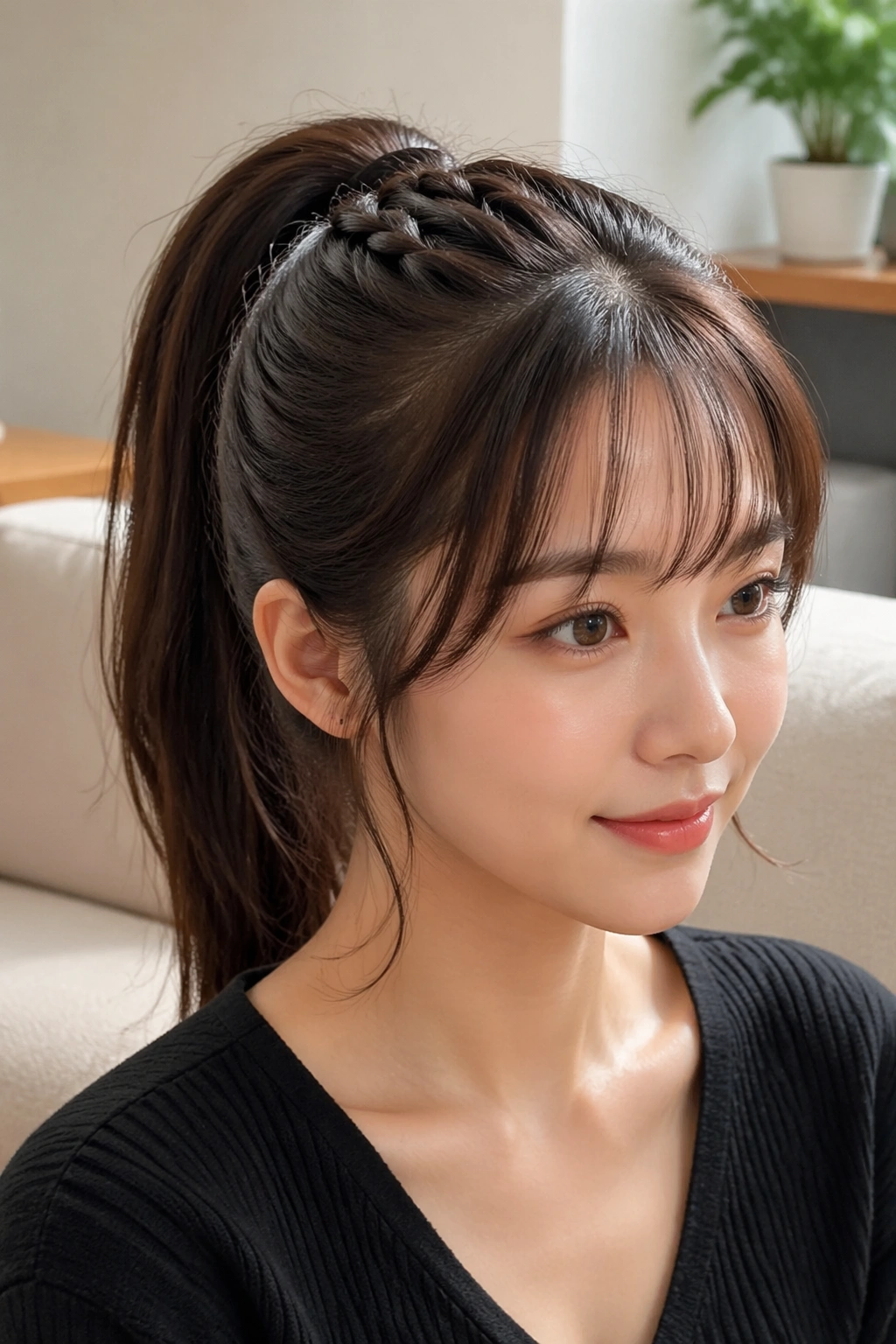 Close-up of a woman with a braided base ponytail and soft fringe in daylight