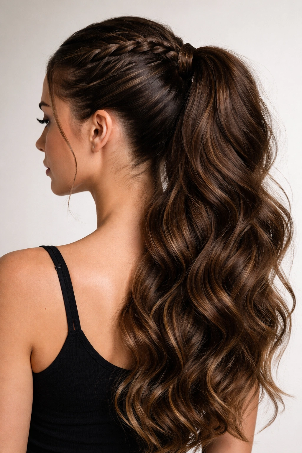 Braided-base weave ponytail with crown braid and neat finish