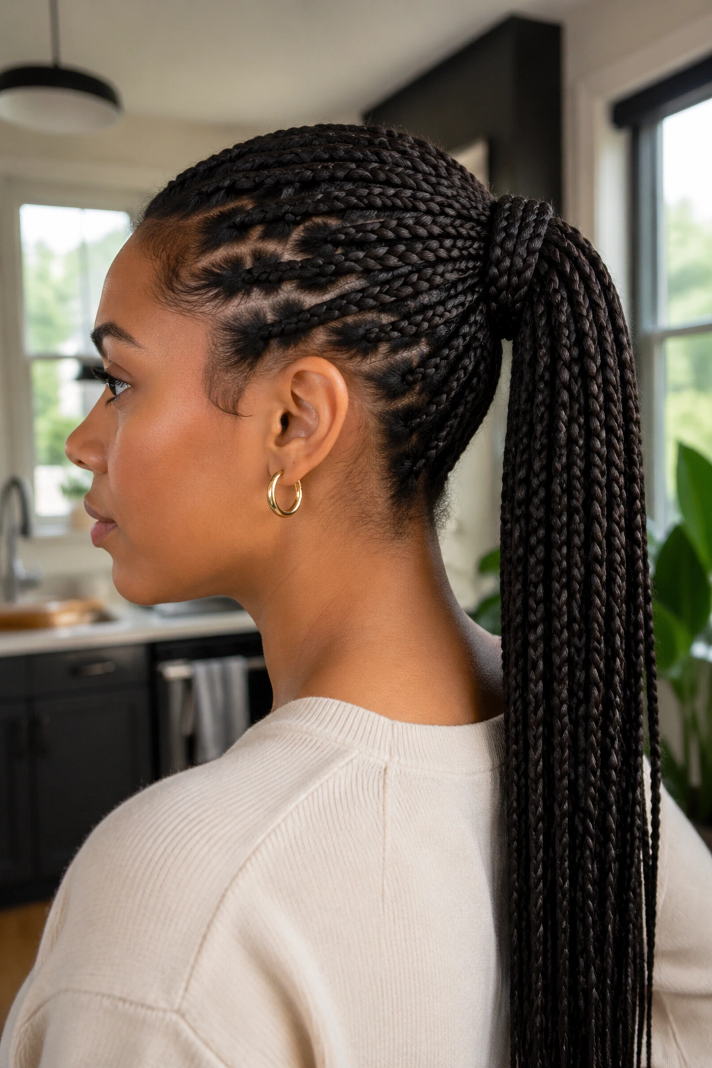 Close-up of a real woman with a braided-base ponytail.