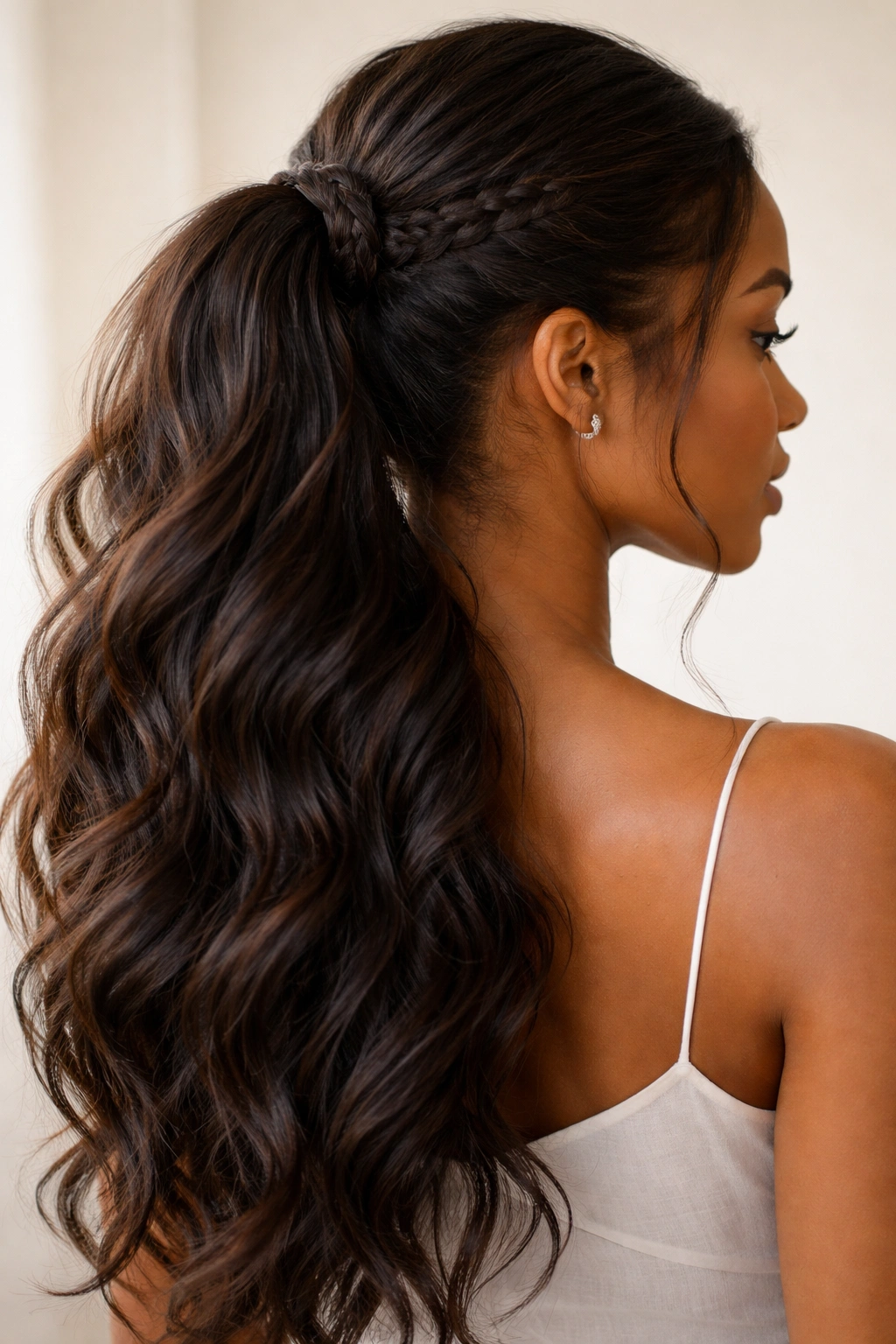 Three-strand braid at the base of a ponytail leading into loose waves
