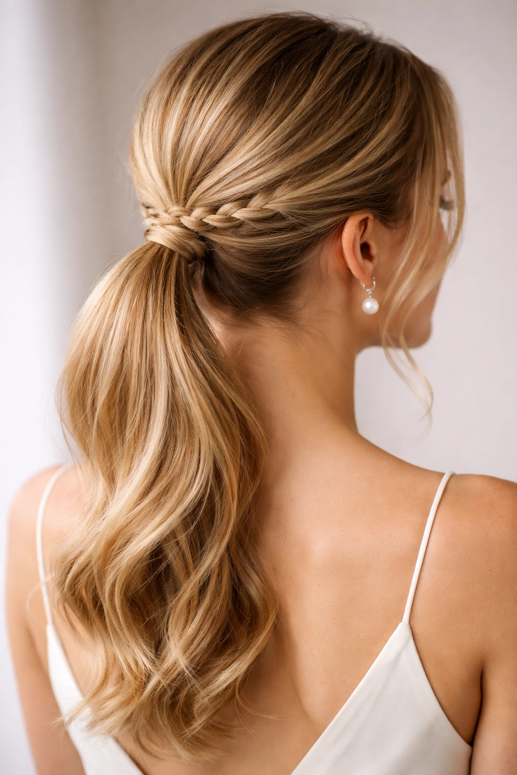 Braided Base Ponytail with small crown braid feeding into a smooth ponytail