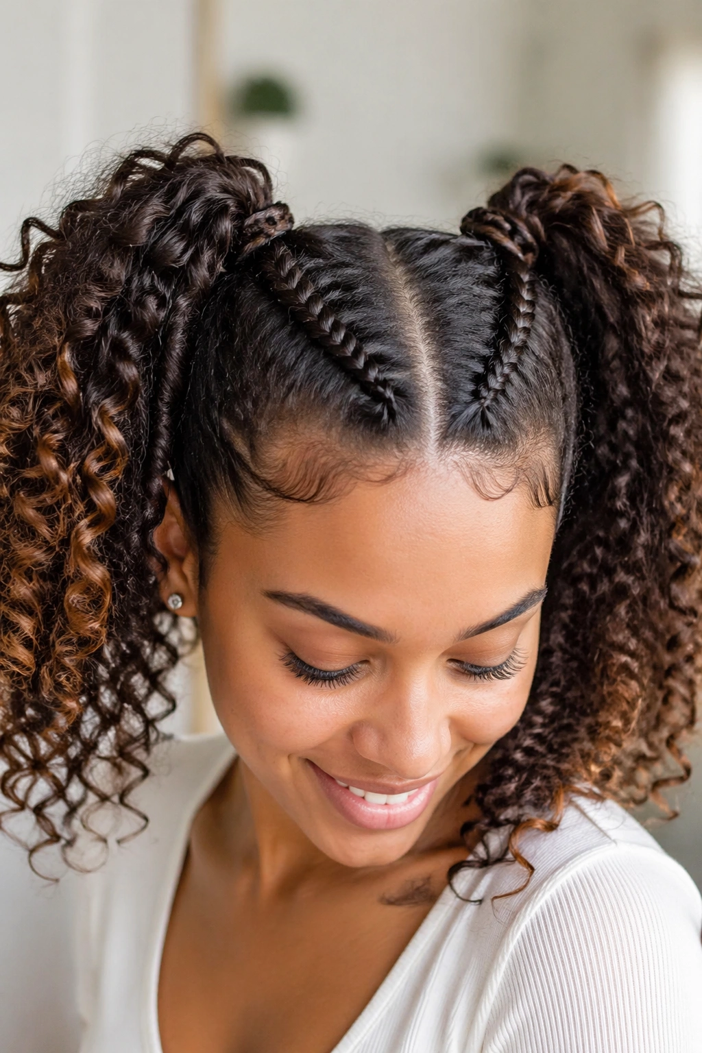 Real woman with braided-base double ponytails
