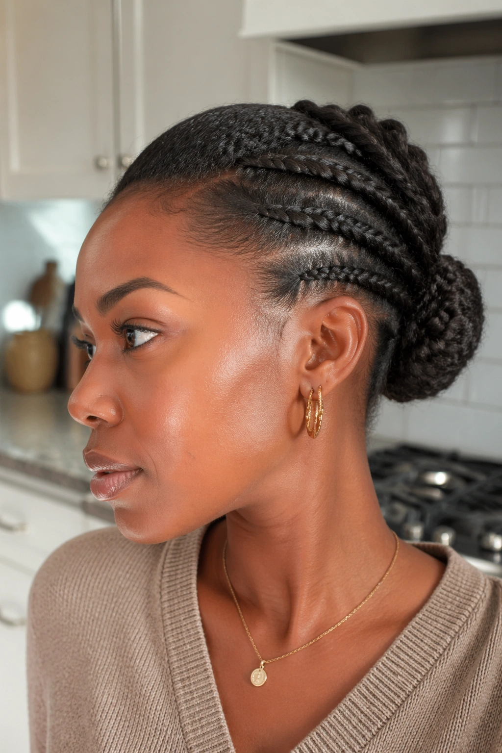 Close-up of a real woman with a braided base leading to a sculpted bun in a bright kitchen.
