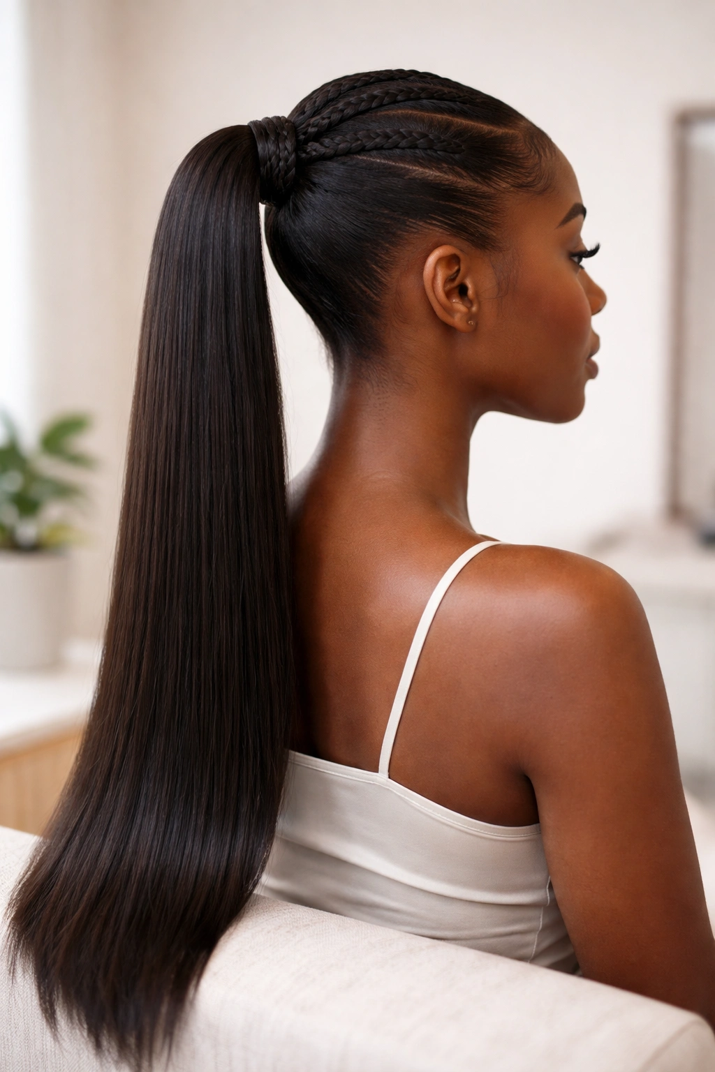 Braided base with straight ends ponytail extension on neutral background
