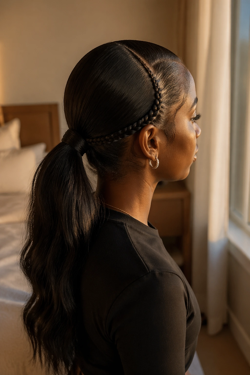 Profile view of braided base V-part ponytail