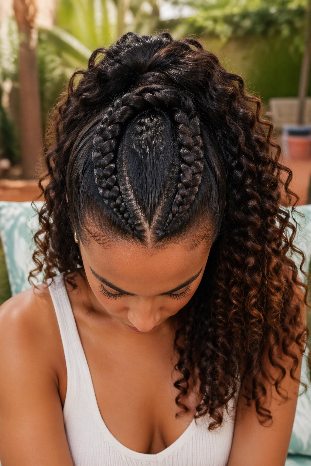 Close-up of real person with braided-base V-part ponytail.