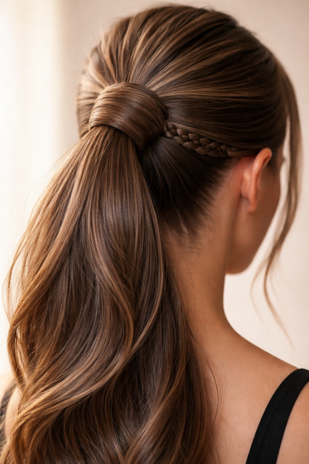 Close-up of braided-base double weave ponytail with small base braid beneath wrap