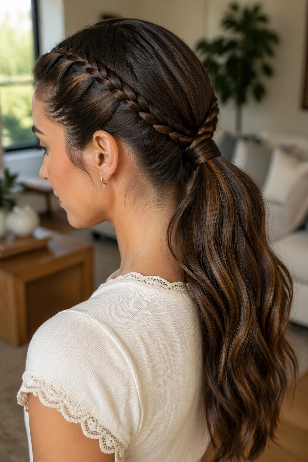 Three-quarter view of a real woman with twin side braids and a wrapped base