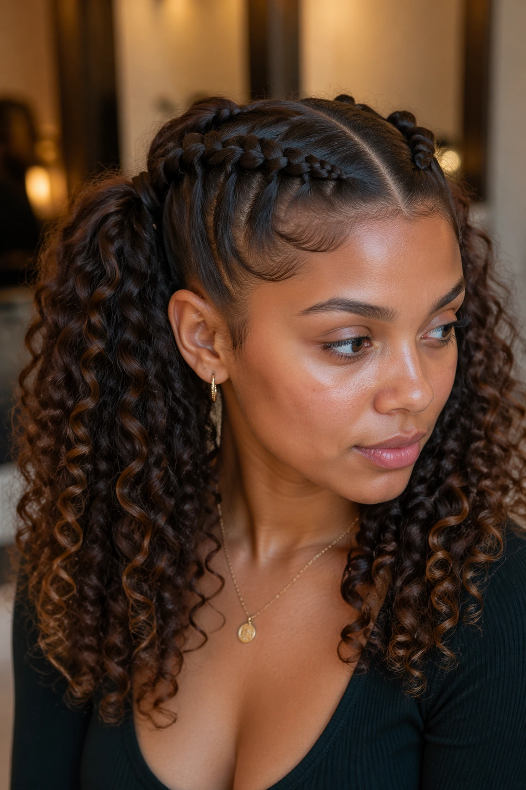 Close-up of braided bases feeding into twin ponytails on a real person