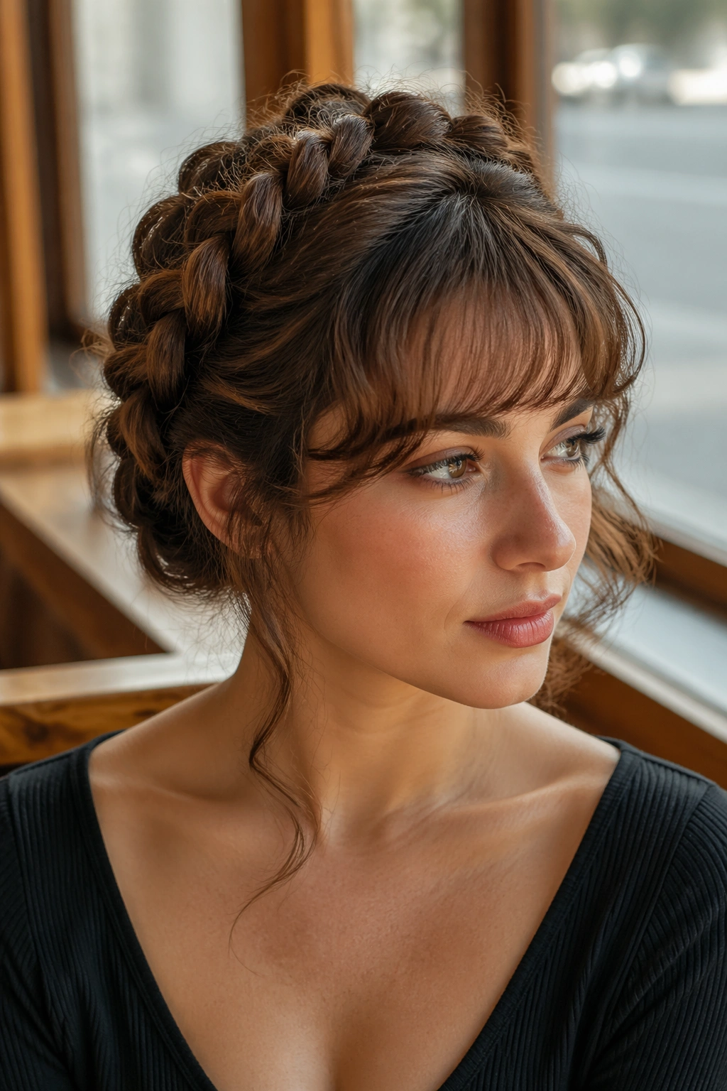 Close-up of a real woman with braided basket bun and wispy bangs in a sunlit cafe setting.