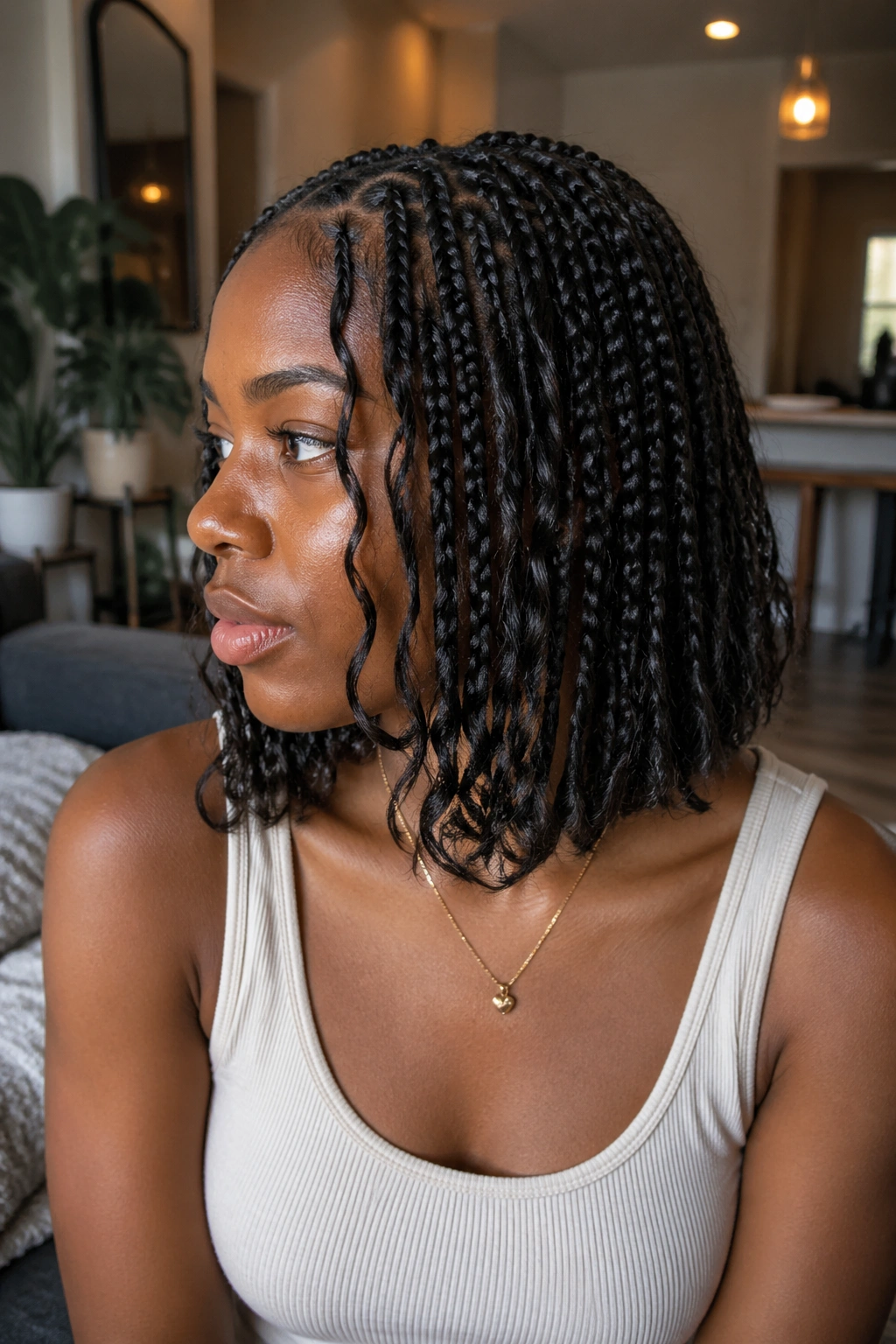 Real person with braided bob ending at collarbone