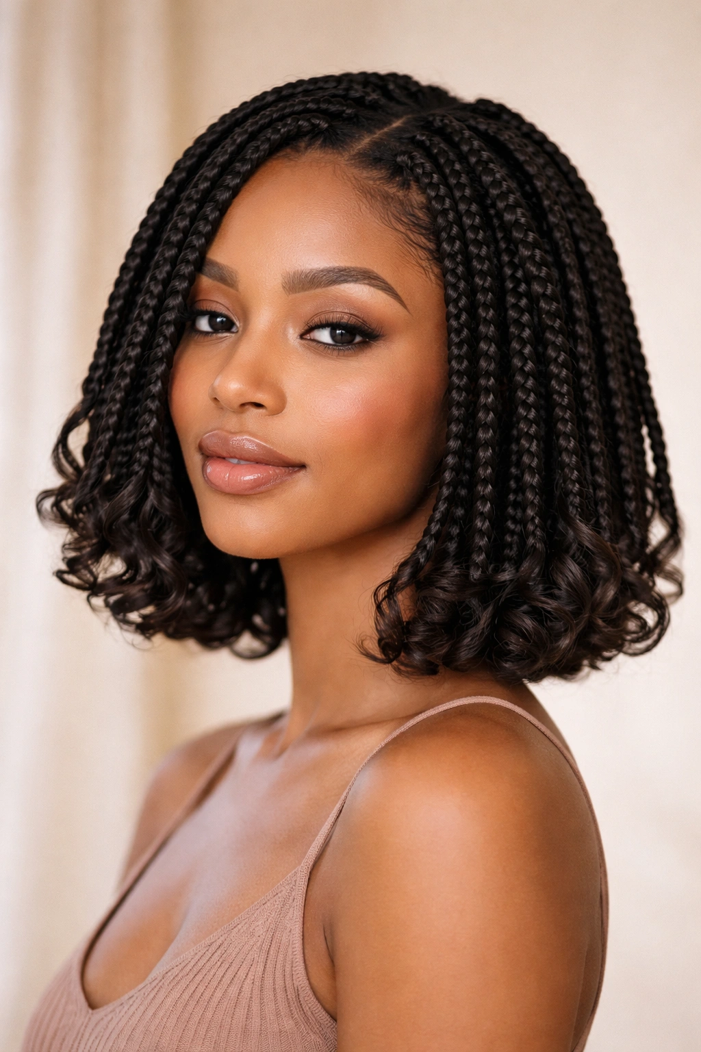Chin-length braided bob with curled ends, close-up showing soft curls at tips