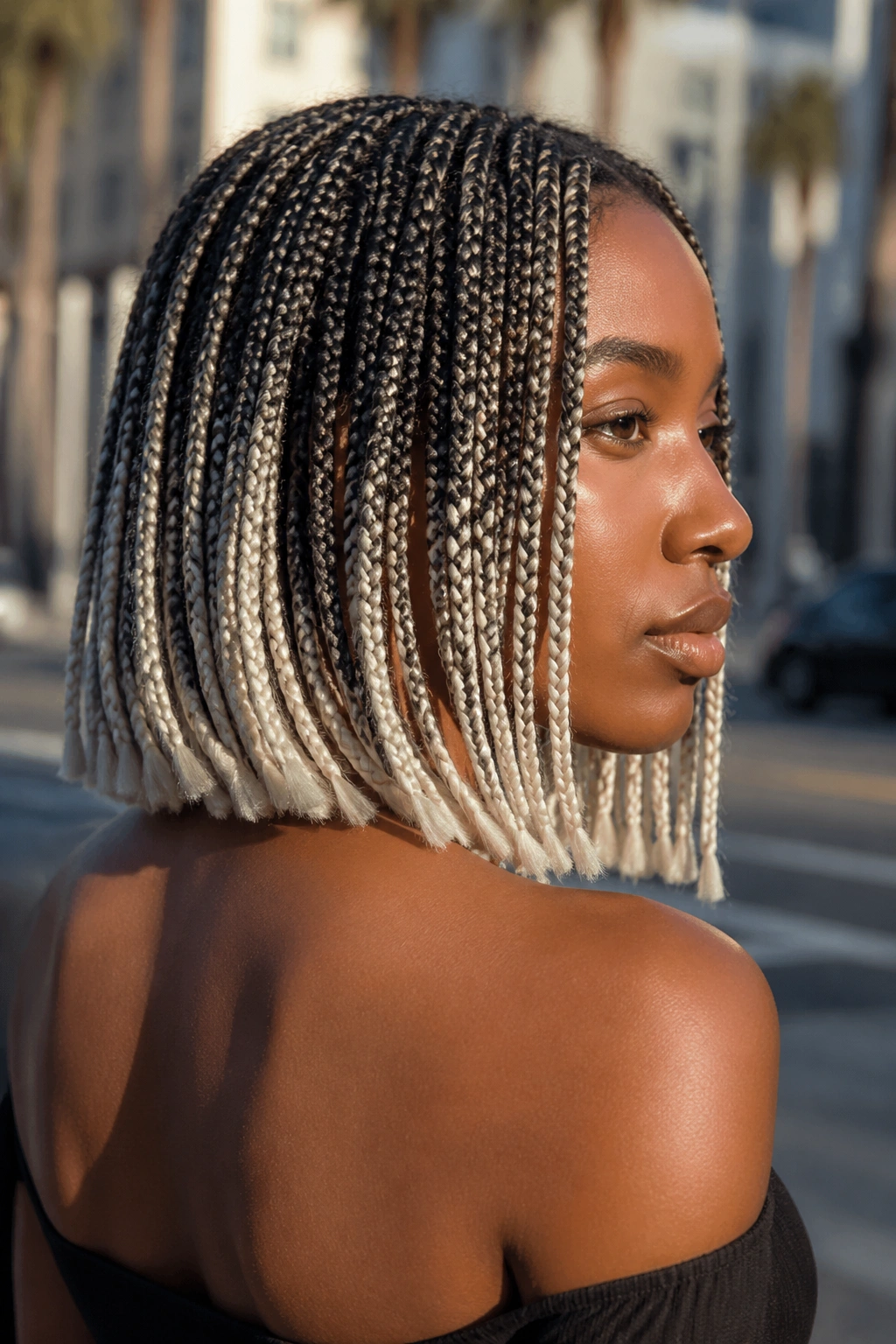 Close-up of braided bob with frosted white ends on a real person